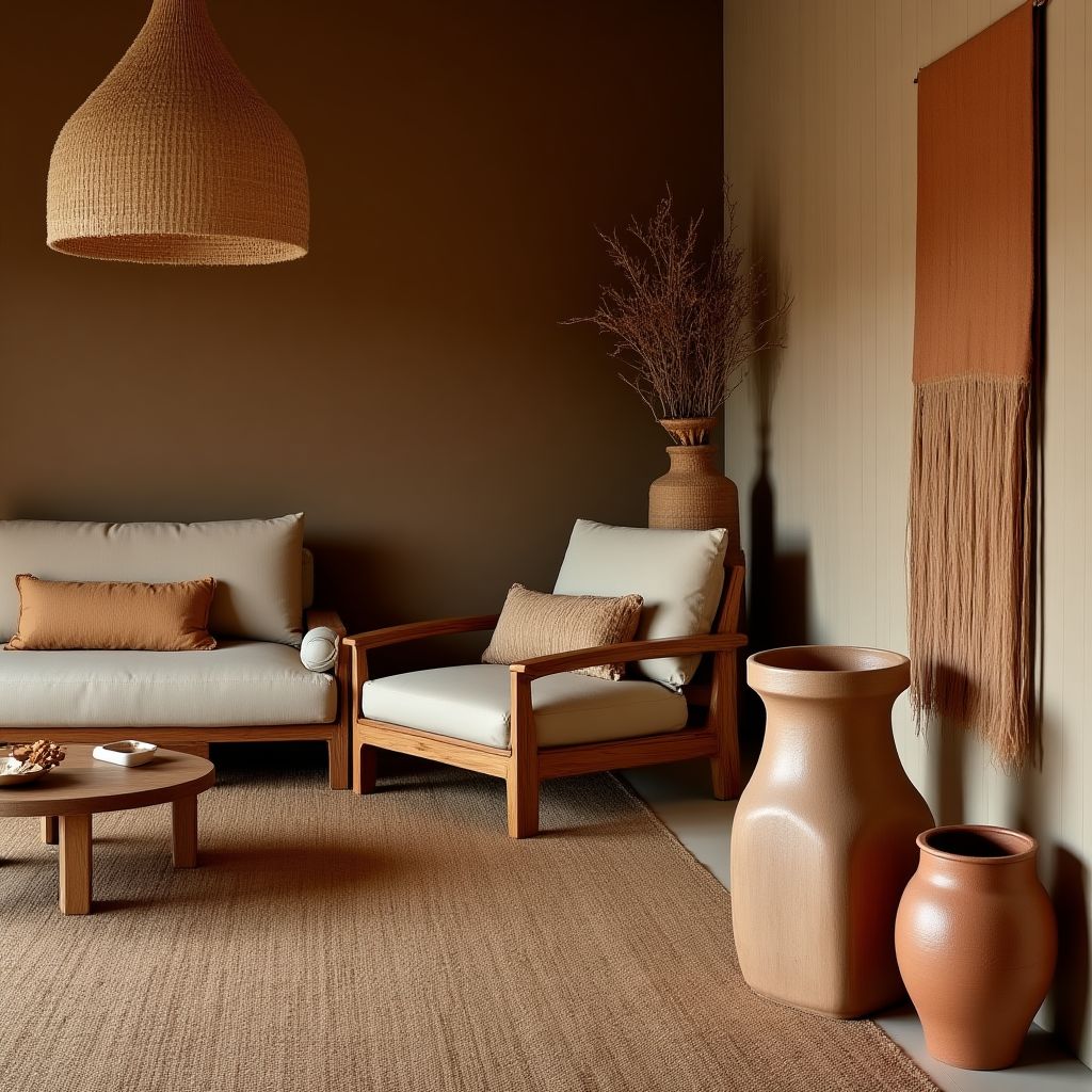 Detal wnętrza pokazujący naturalne materiały i rękodzieło